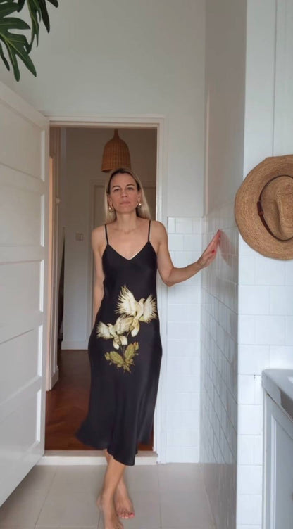 SL 90S Silk Slip Midi Dress in Egret Black Floral