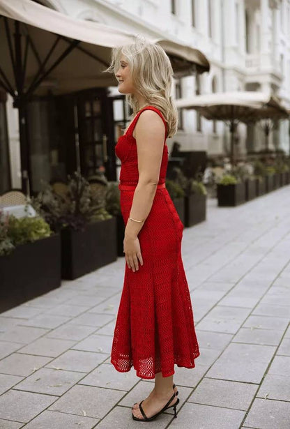 SP Red Lattice Bustier Lace Midi Dress