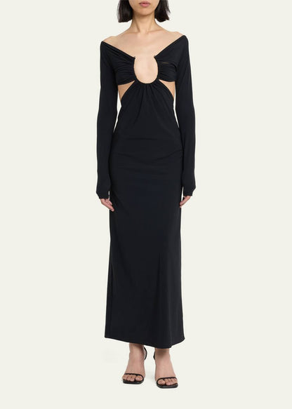 CE Odessa Ruched Prong Long Sleeve Cutout Jersey Maxi Dress