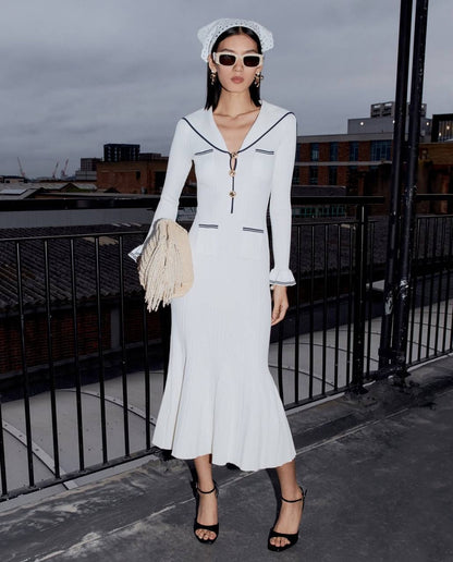 SP White Viscose Rib Knit Collar Long Sleeve Midi Dress
