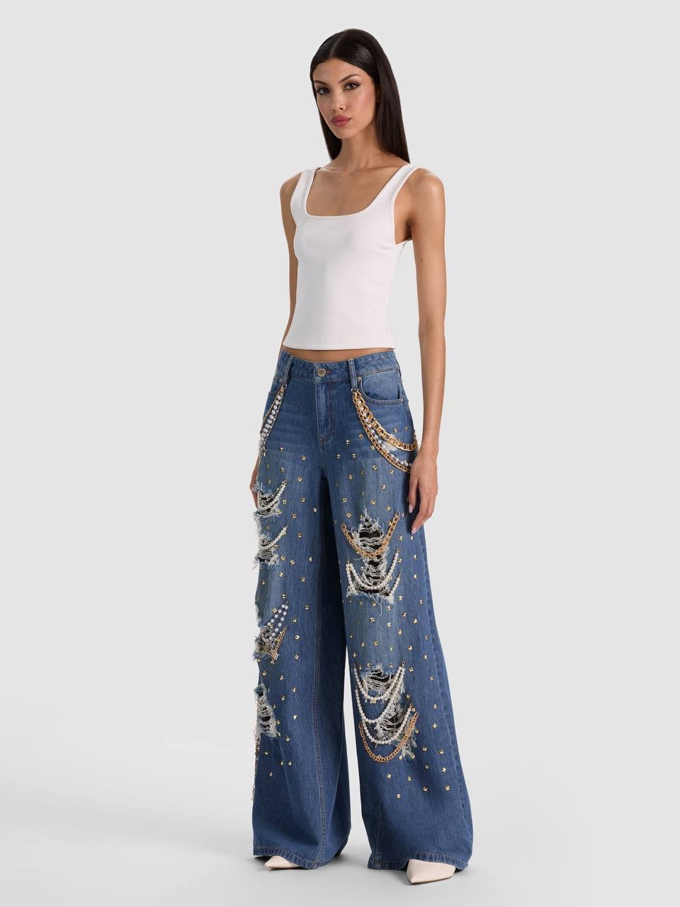 Harper Gold-tone Chain & Pearl-Embellished Ripped Mid-Rise Wide-leg Jeans