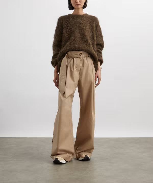 MC Wide Leg Cotton-Blend Belted Trousers Palazzo Pants