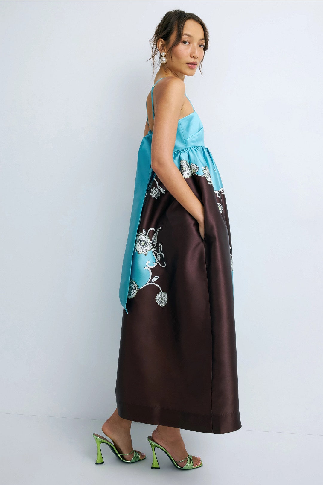 ALM Gia Printed Maxi Dress Sundress with Back Ribbon Bow Tie