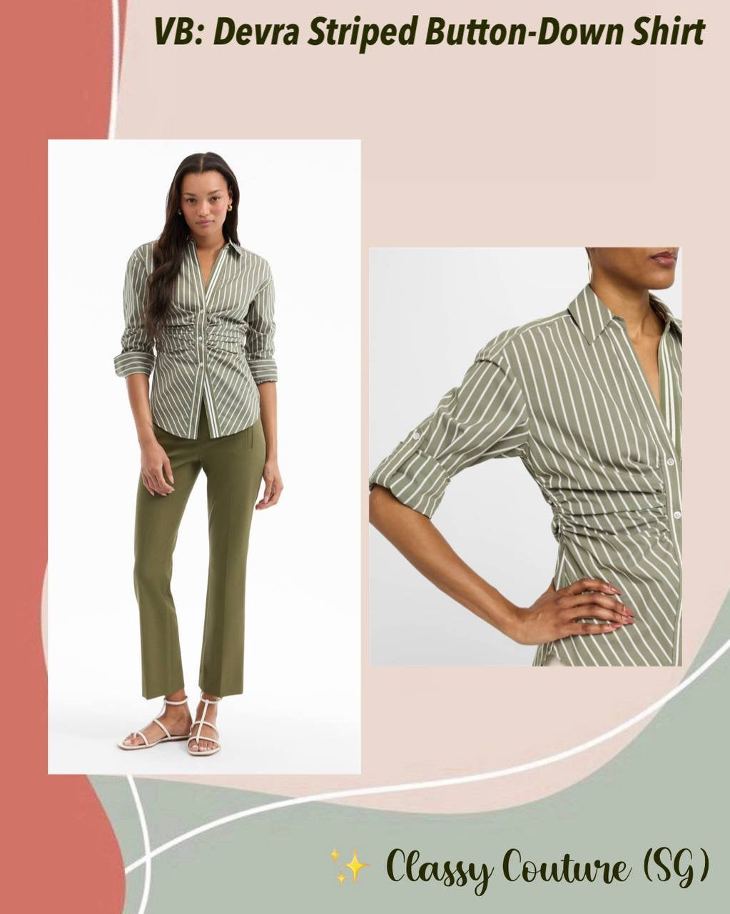 VB Devra Striped Button-Down Ruched Cotton-Blend Shirt