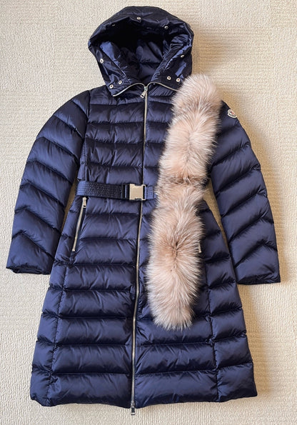 MC Leersie Hooded Shearling-Trimmed Long Down Jacket Coat in Navy Blue