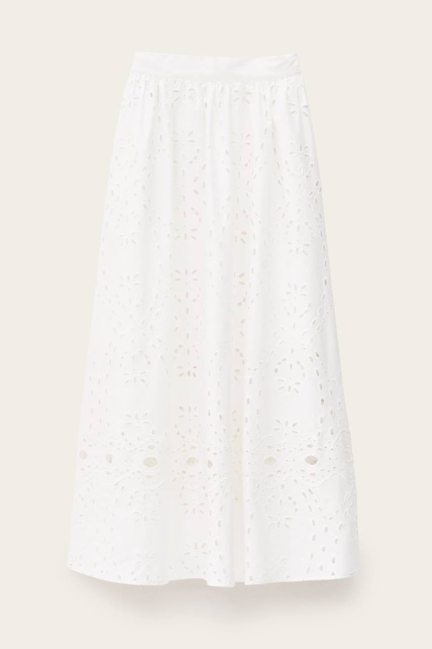 BA Bela Embroidered Eyelet Flared Organic Cotton Midi Skirt