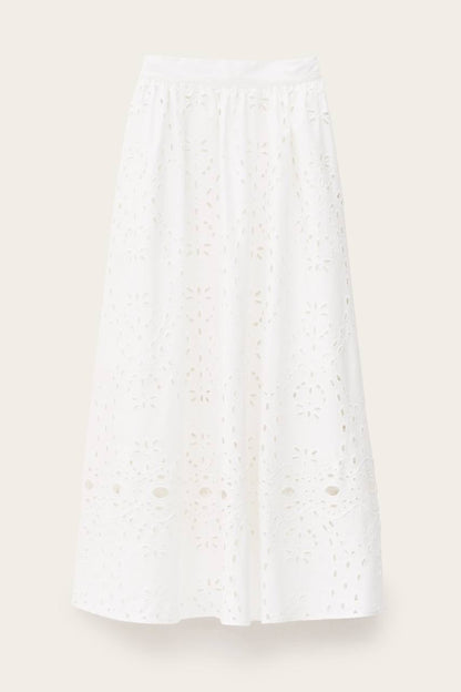 BA Bela Embroidered Eyelet Flared Organic Cotton Midi Skirt
