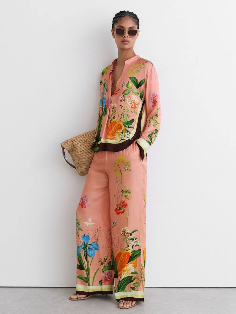 PETITE/REGULAR! RS Pink Milos Tropical Scarf-Print Half-button Shirt | Wide-leg Trousers | Drawstring Shorts | Viscose Set