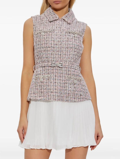 SP Pink Boucle Chiffon Collared Mini Dress | Bow Belted Midi Dress