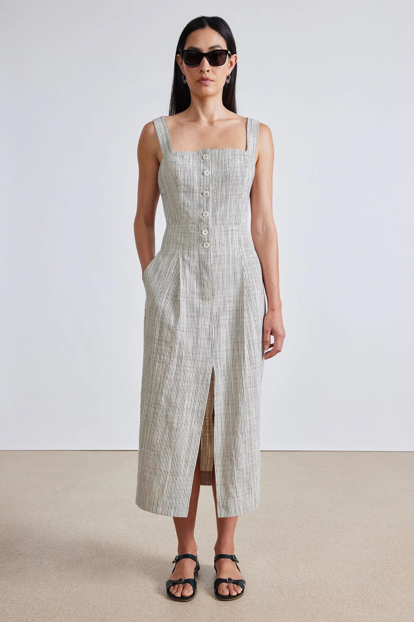 AA Berel Tank Cotton Midi Dress in Cream Pin Stripe