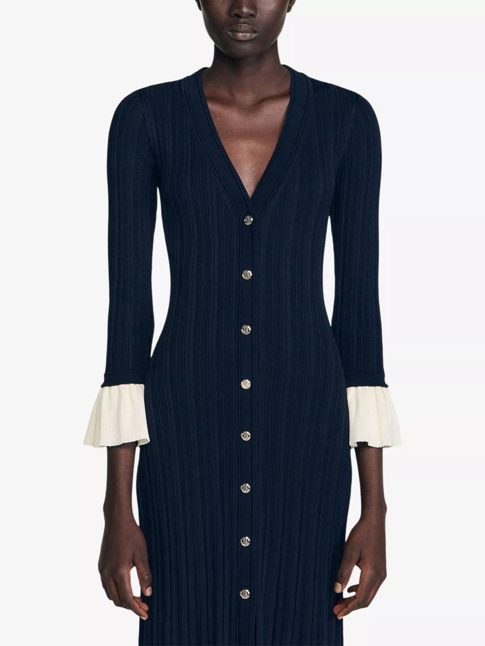 SD Knitted V Neck Contrast Sleeve Midi Dress in Navy blue & Black