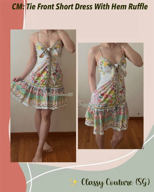 CM Tie Front Bow-Detail Floral Cotton Mini Dress With Hem Ruffle