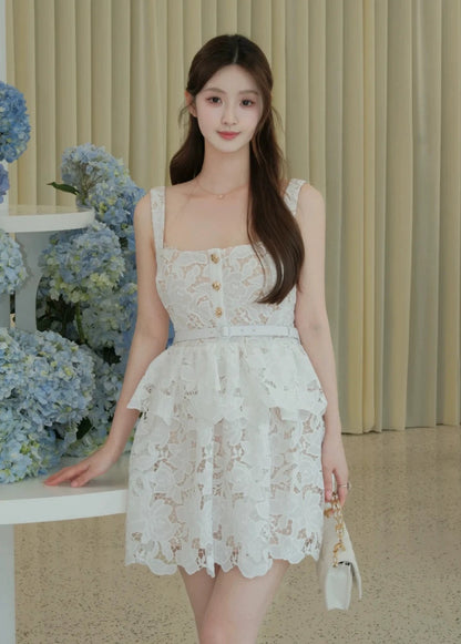 SP White Lace Tiered Mini Dress