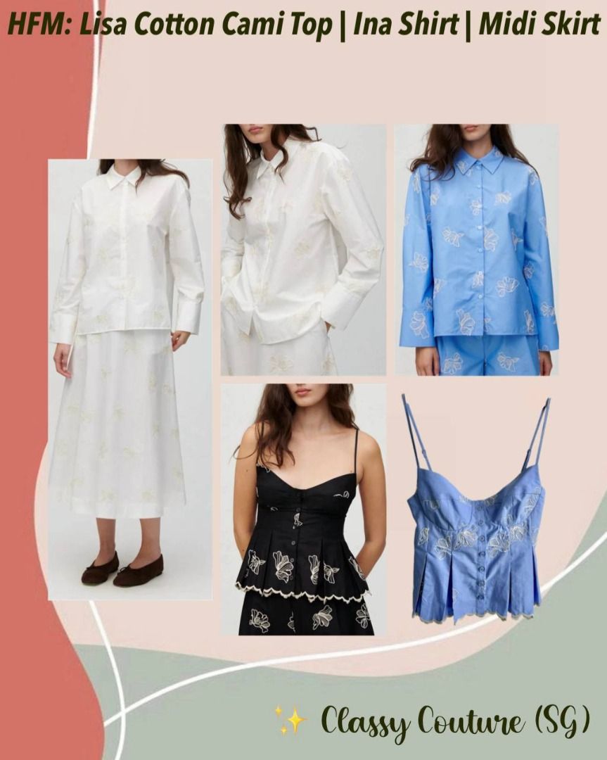 HFM Lisa Cami Top | Ina Shirt | Midi Skirt | Embroidered Cotton Set