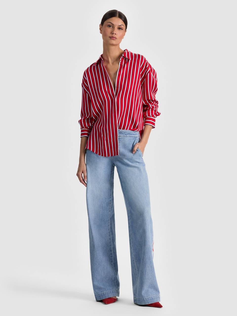 Red/White/Black Stripe Dimitra Oversized Button Down Lyocell Shirt