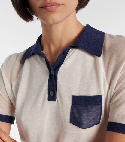 AC Lyocell-Wool Blend Colorblock Contrast Polo Semi-Sheer Sweater Shirt