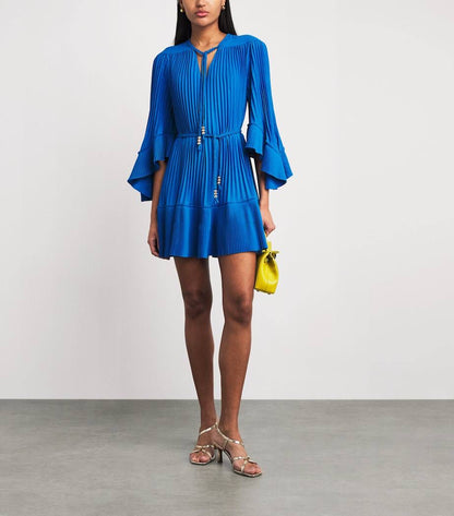 MJ Pleated Braided Drawstring Bell-sleeve Mini Dress
