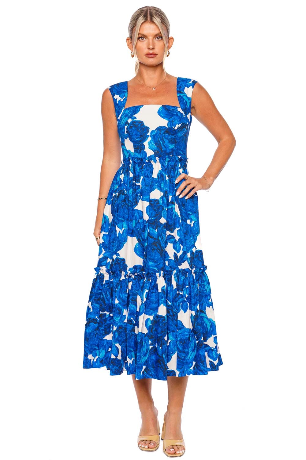 CC Claire Blue Floral Cotton Poplin Midi Dress