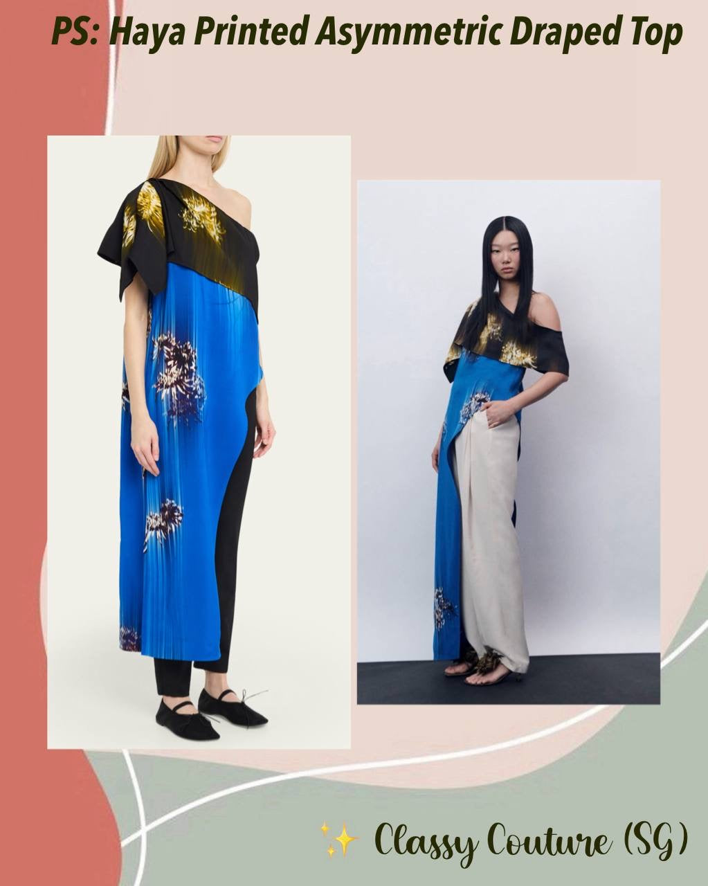 PS Haya Printed Asymmetric Draped Off Shoulder Viscose Cady Long Top