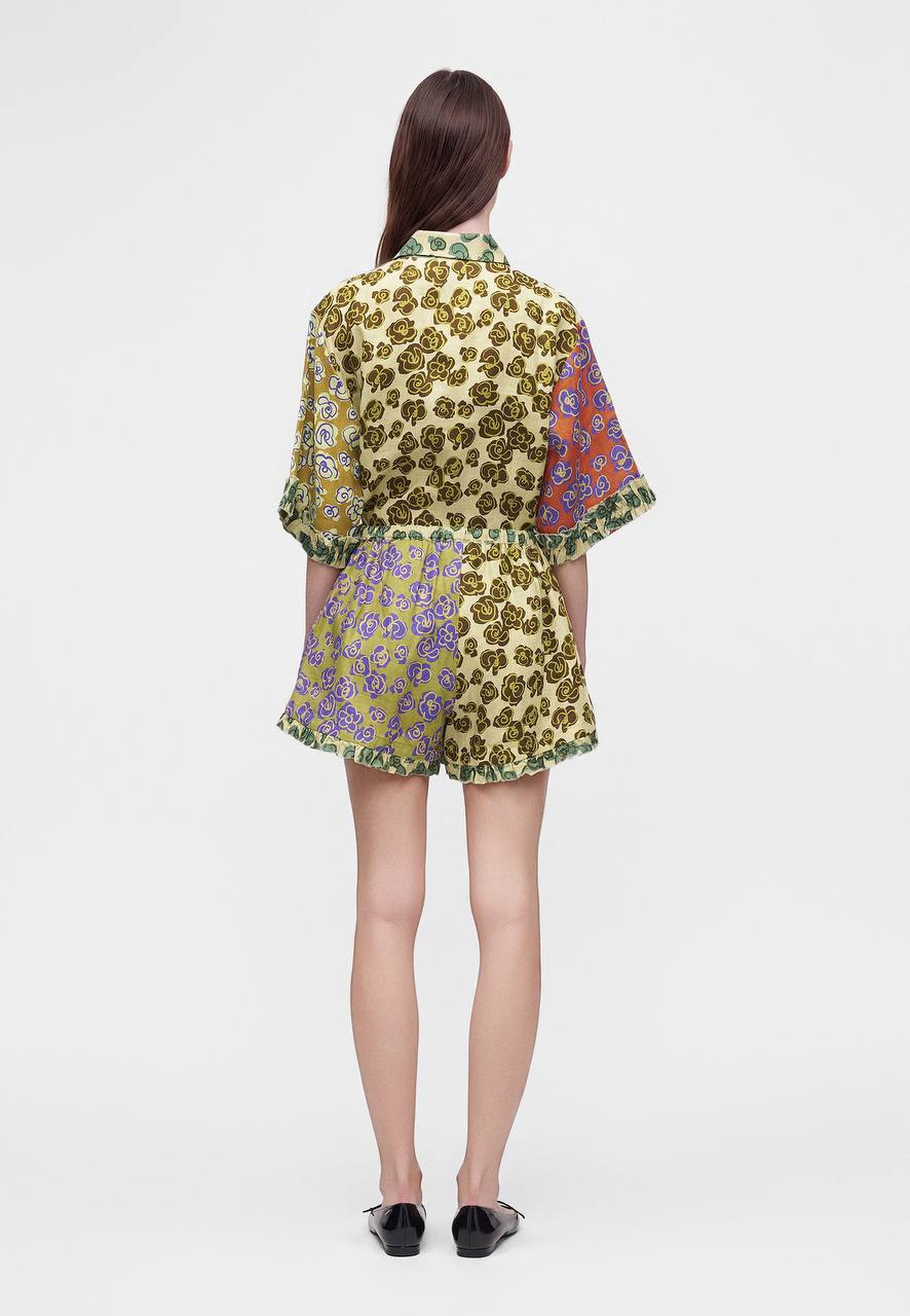ALM022 Kaleidoscope Floral Spliced Shirt | Short | Hemp Linen Set