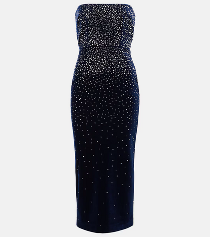AP Black Strapless Crystal Embellished Velvet Midi Dress