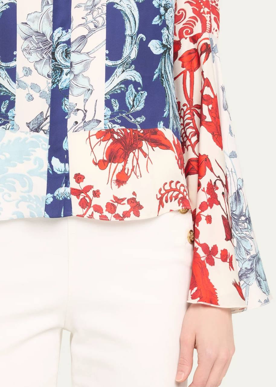 AO Willa Fitted Placket Bell-Sleeve Stretch-Silk Top