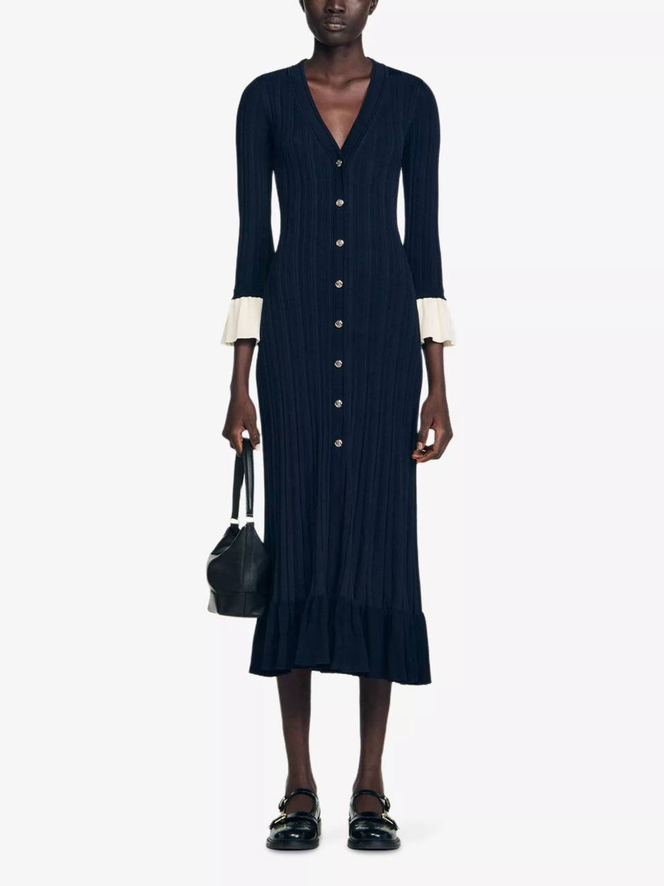 SD Knitted V Neck Contrast Sleeve Midi Dress in Navy blue & Black