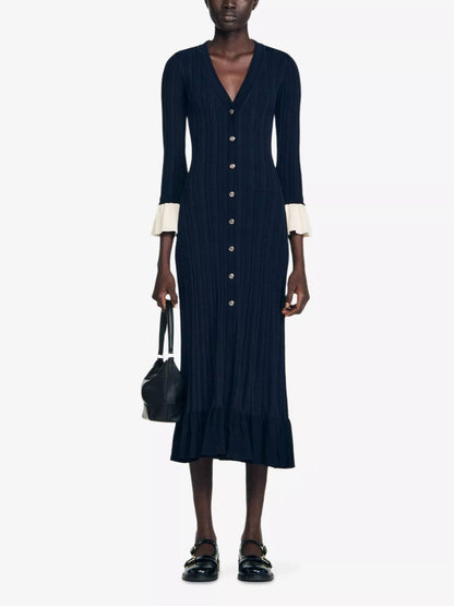 SD Knitted V Neck Contrast Sleeve Midi Dress in Navy blue & Black