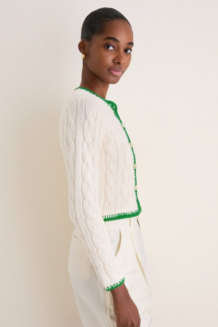 3 Colors! RL Whipstitch Trim Cable Stitch Cotton Cropped Cardigan