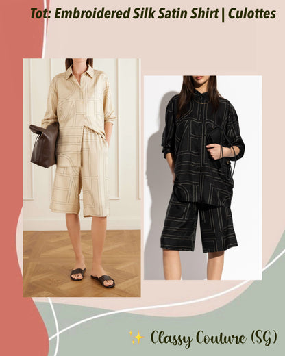 Tot Classic Monogram Embroidered Silk Satin Shirt | Bermuda Culottes Long Shorts | PJ Set