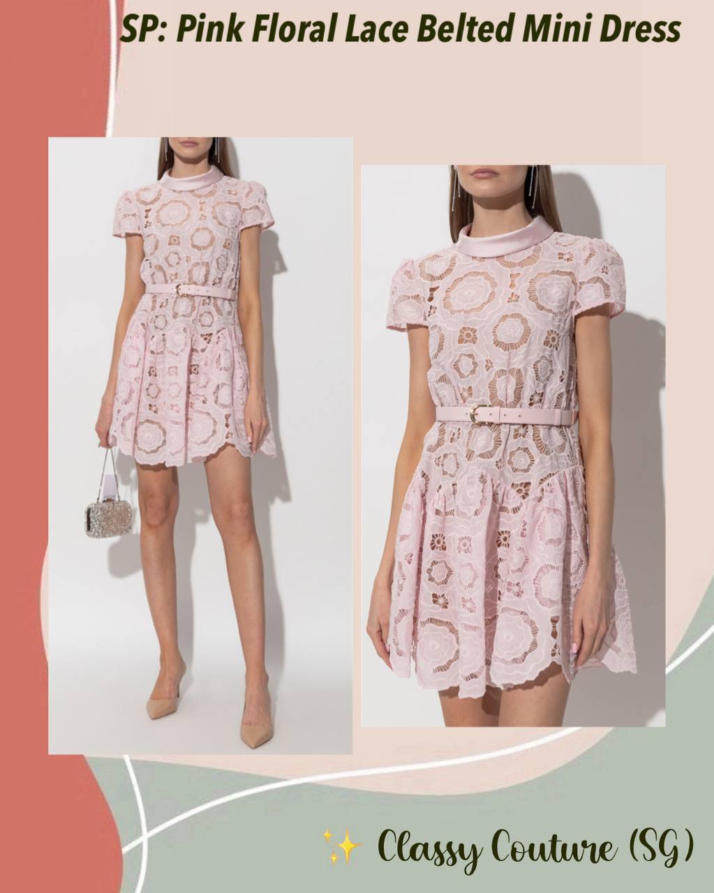 SP Pink Floral Lace Belted Mini Dress