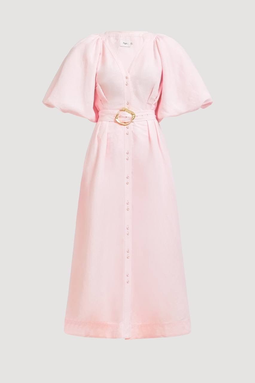 AJ Portrait Puff Sleeve Linen-blend Midi Dress