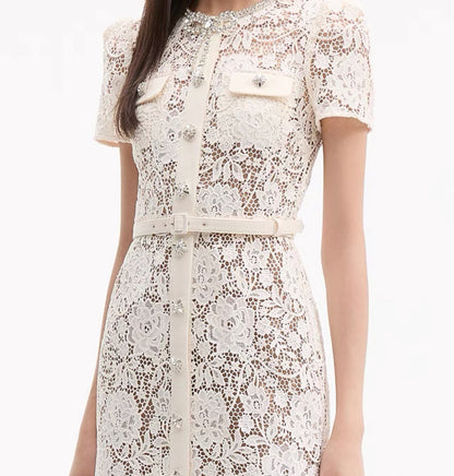 SP White Lace Diamante Bow Midi Dress