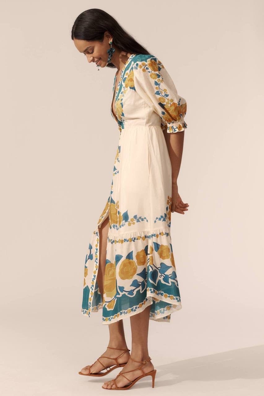 FR Anthro Viscose Puff-Sleeve Printed Midi Dress
