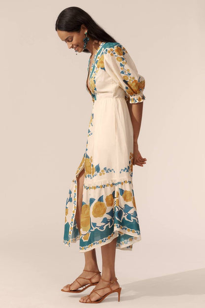 FR Anthro Viscose Puff-Sleeve Printed Midi Dress
