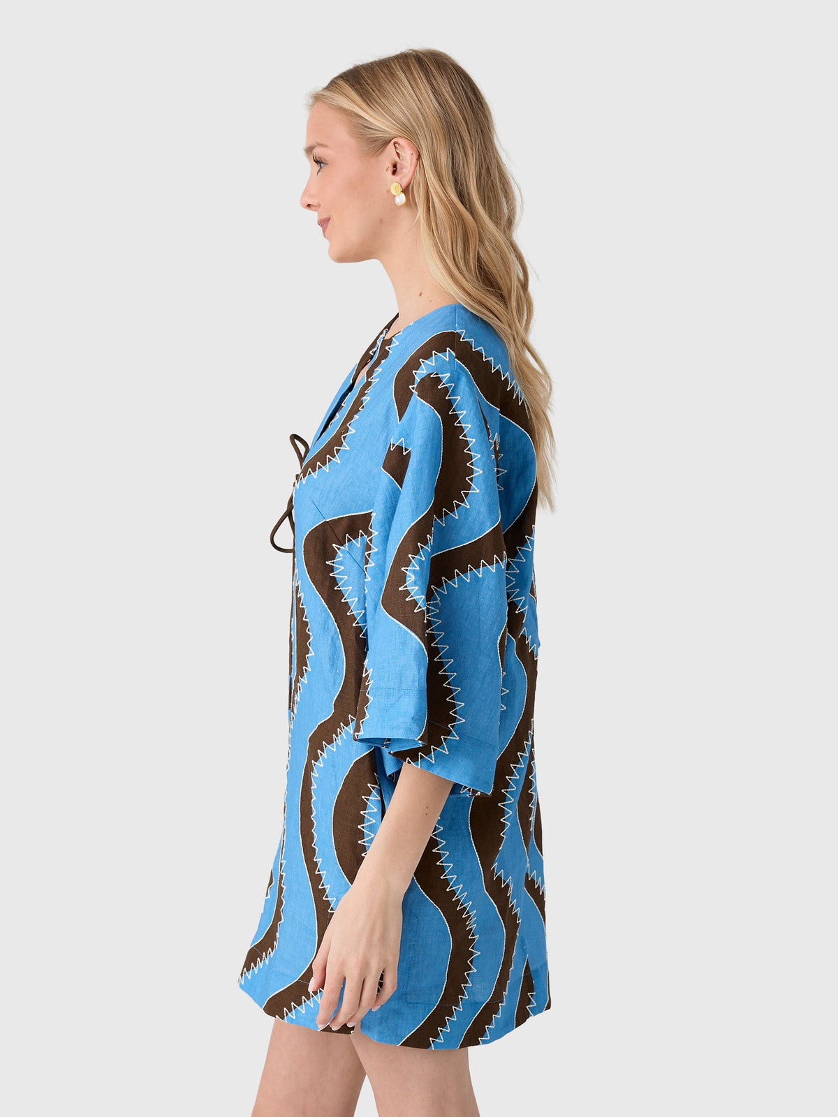 ALM024 Bold Brown/Blue Wave Stitch Tunic Shift Linen Mini Dress