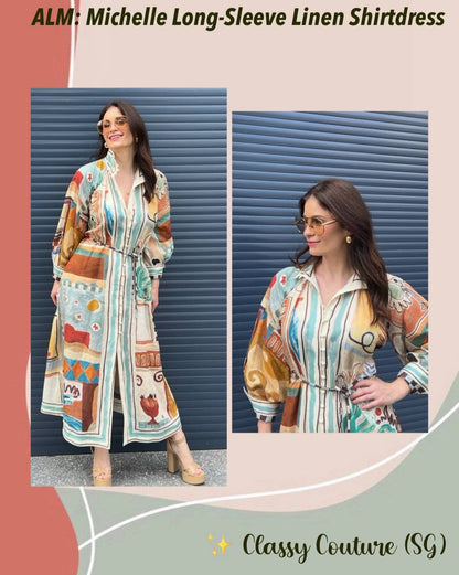 ALM Michelle Long-Sleeve Linen Shirtdress Midi Dress