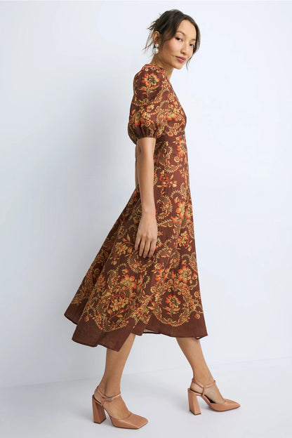 ALM Seraphina Printed Puff Sleeve Linen Midi Dress