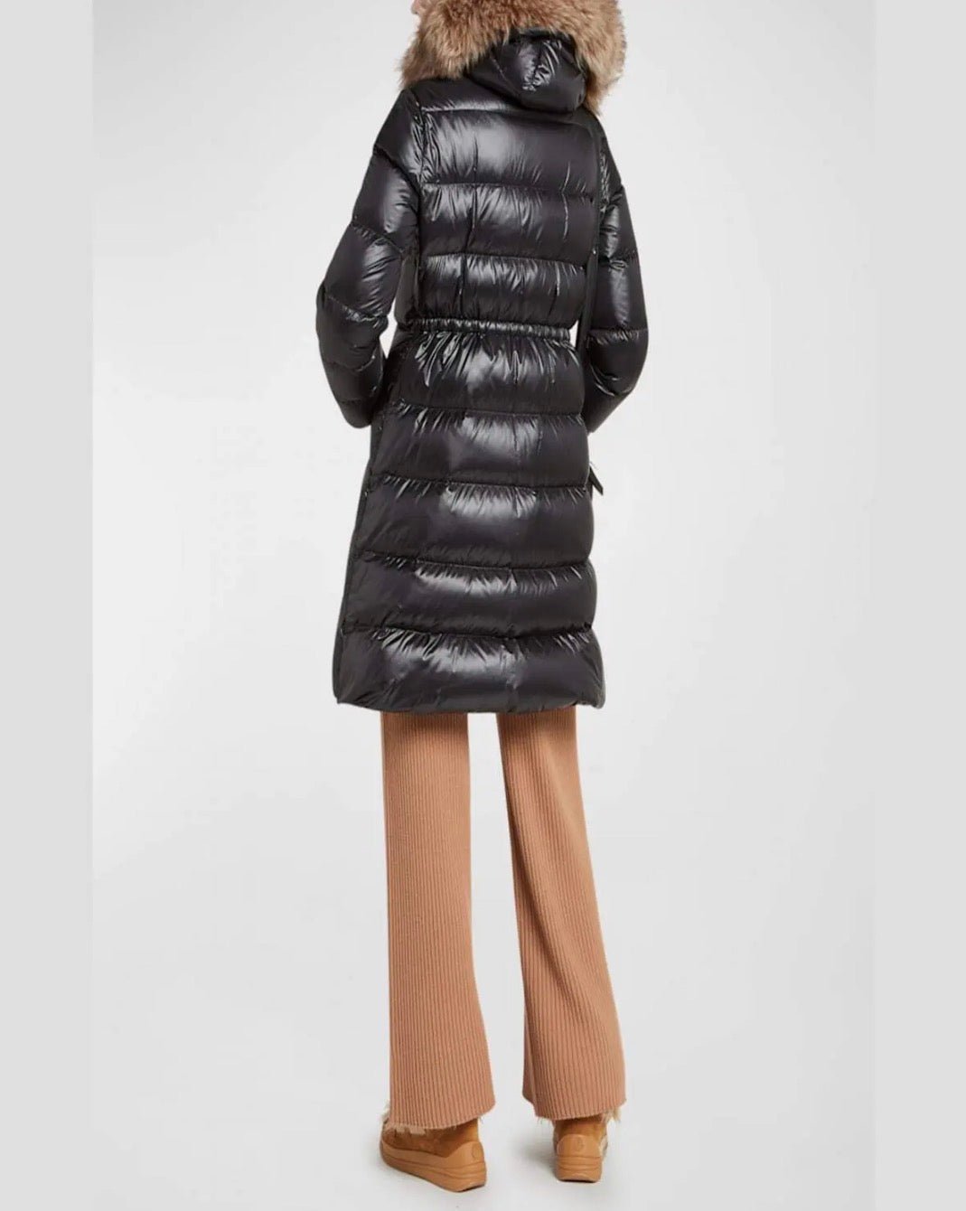 MC Chandre Long Down Puffer Jacket Coat With Removable Shearling Trim in Black