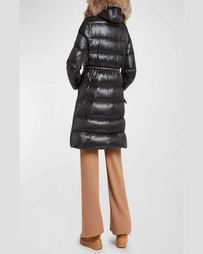 MC Chandre Long Down Puffer Jacket Coat With Removable Shearling Trim in Black