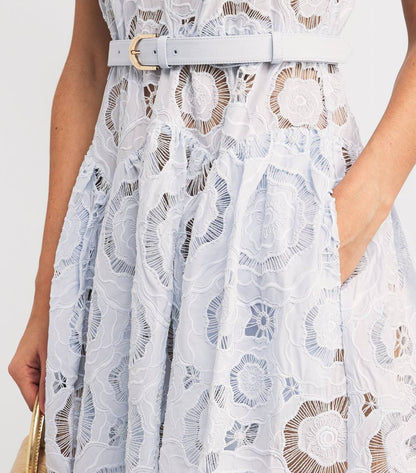 SP Blue Lace Floral Satin Collar Midi Dress