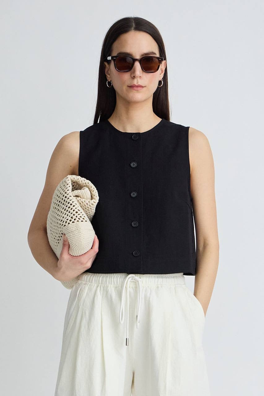 AA Godet Cotton-linen Sleeveless Tank Top