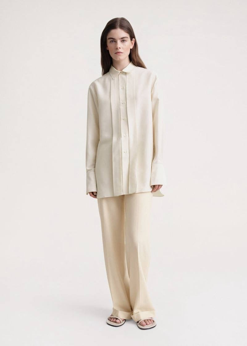 TOT Pleated Silk Long-sleeved Collared Shirt