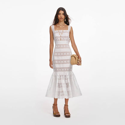 SP White Cotton Embroidered Cotton Flared Mermaid Midi Dress