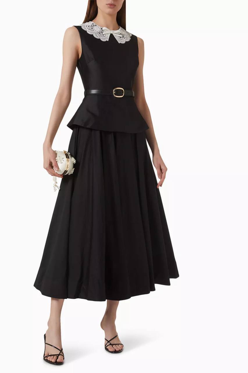 SP Black Belted Peplum Midi Dress in Taffeta