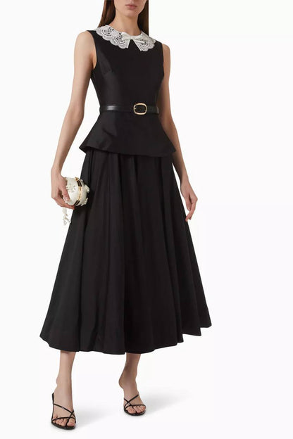 SP Black Belted Peplum Midi Dress in Taffeta