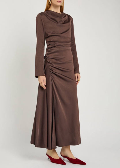 SK Odessa Ruched Long Sleeve Satin Midi Dress in Chocolate brown