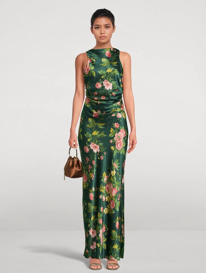 Ref Anaiis Silk High Neck Maxi Dress in Belvedere Green