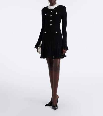 Black Flower Trim Knit Mini Dress
