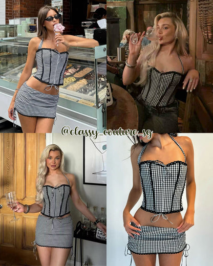 GZ Gingham Lace Corset Cotton Halter Top